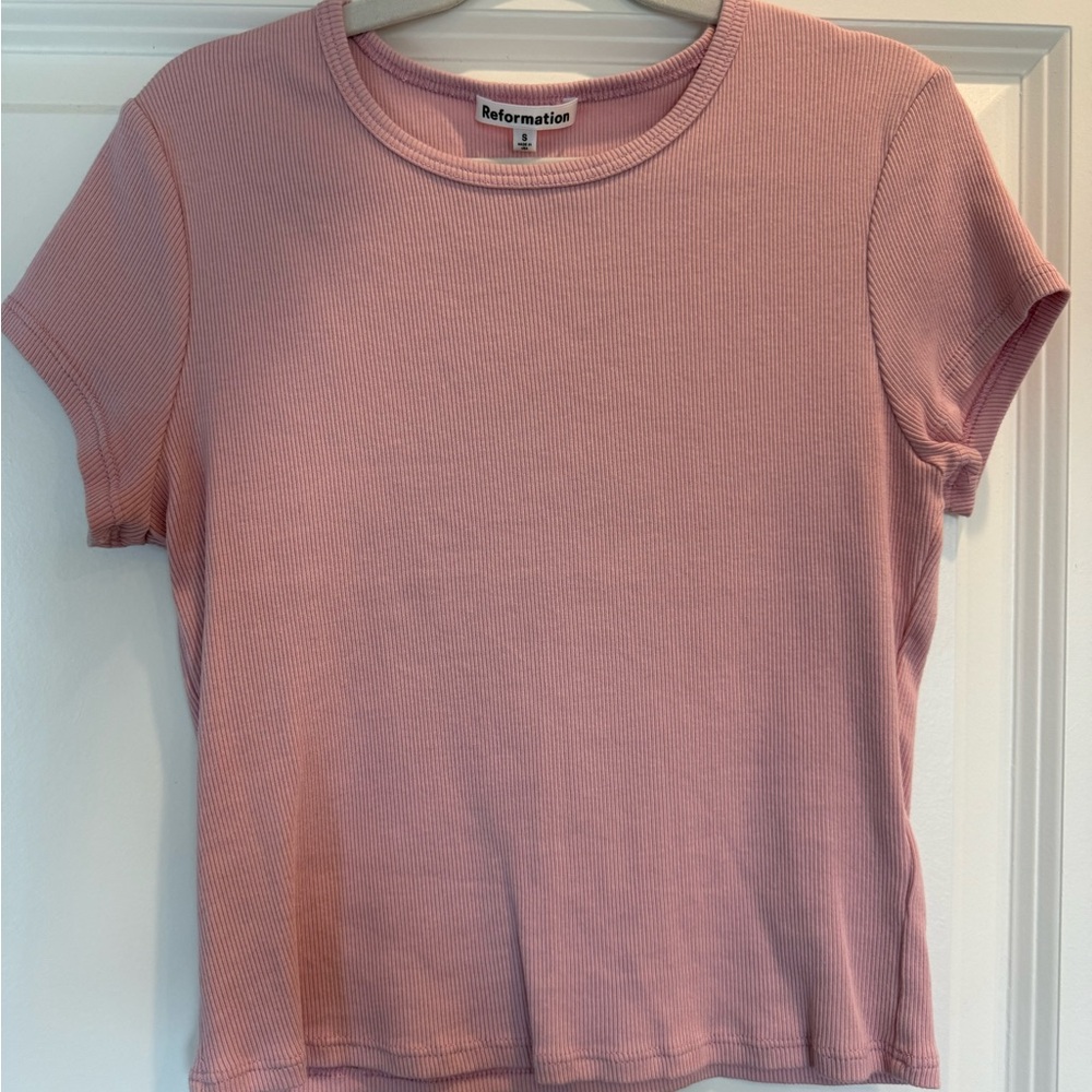 Reformation Pink Ribbed Crewneck Tee